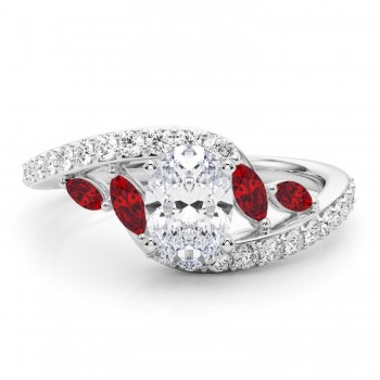 Swirl Design Lab Grown Diamond & Marquise Lab Ruby Engagement Ring 14K White Gold (0.63ct)